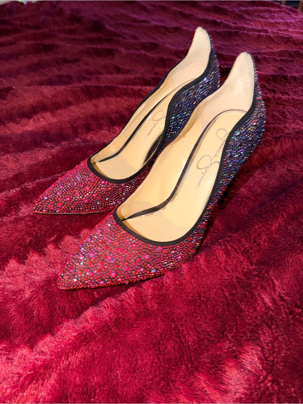 Jessica Simpson Red/Pink and Blue with Red Bottoms, Embellished Stiletto Heels - Picture 8 of 11